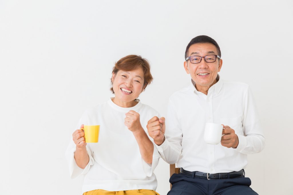 asian senior couple who drink coffee