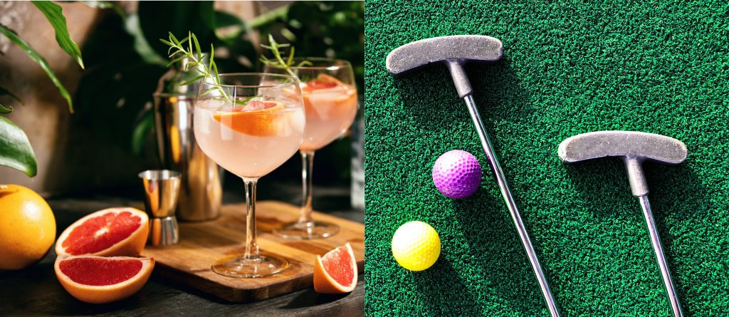 Mini golf clubs and balls on green carpet web banner with copy space