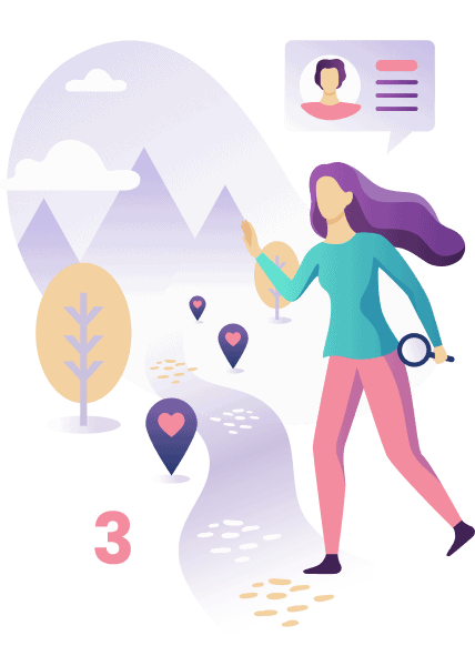 woman finding partner's profile amongst the love location illustration