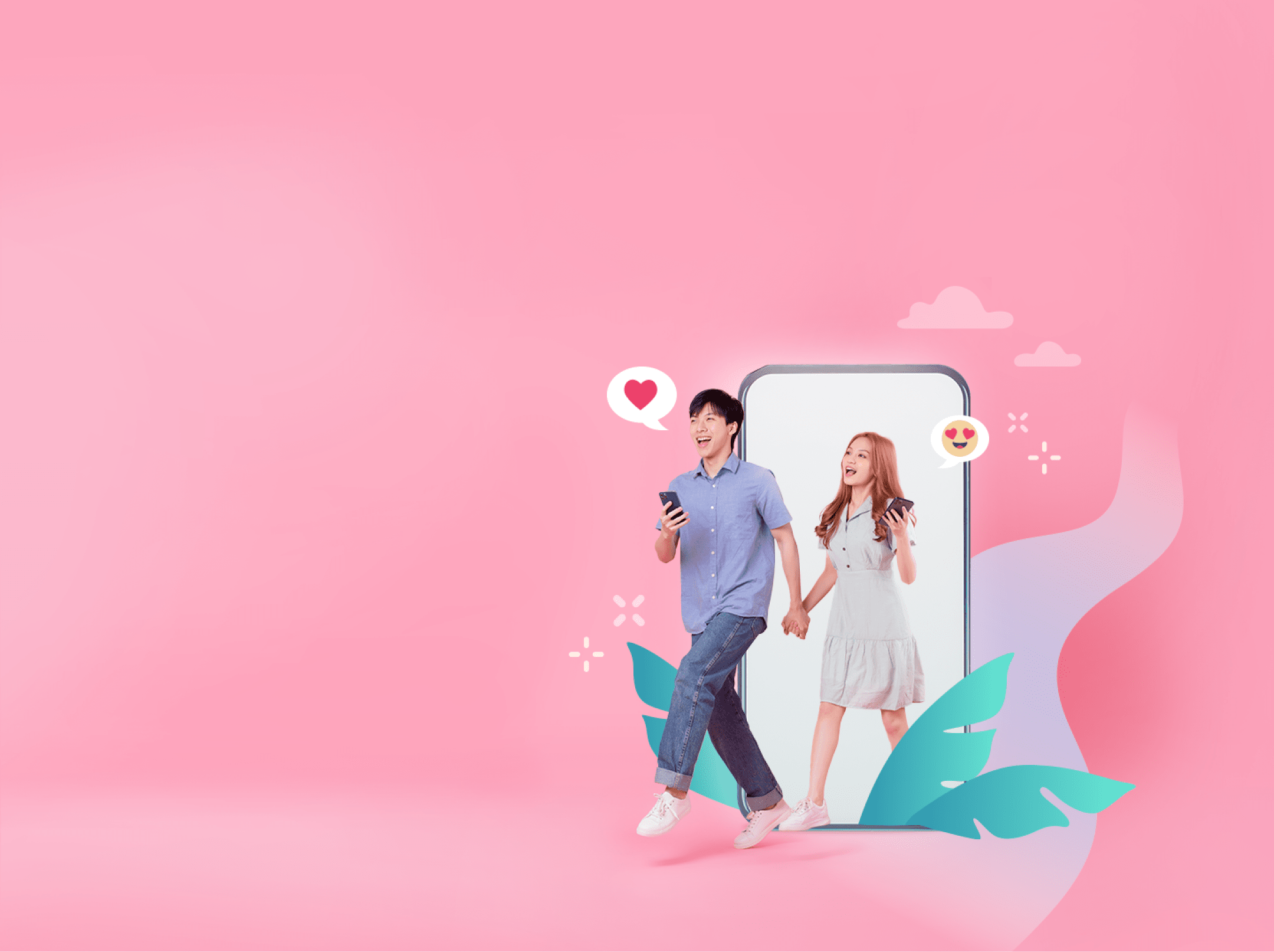 app launch concept wide view couple holding hands walking out of a phone