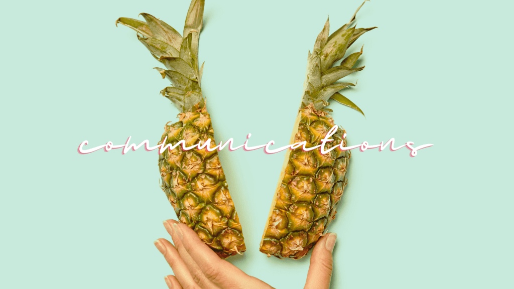 Image of a hand holding a pineapple split in half with text "communications"